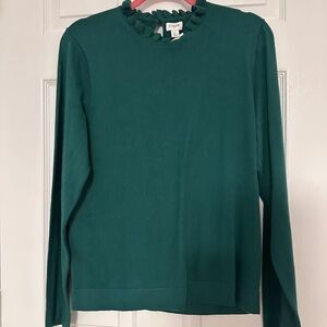 J. Crew Factory Cotton Ruffle Neck Sweater, Green, Size Large/L NWT